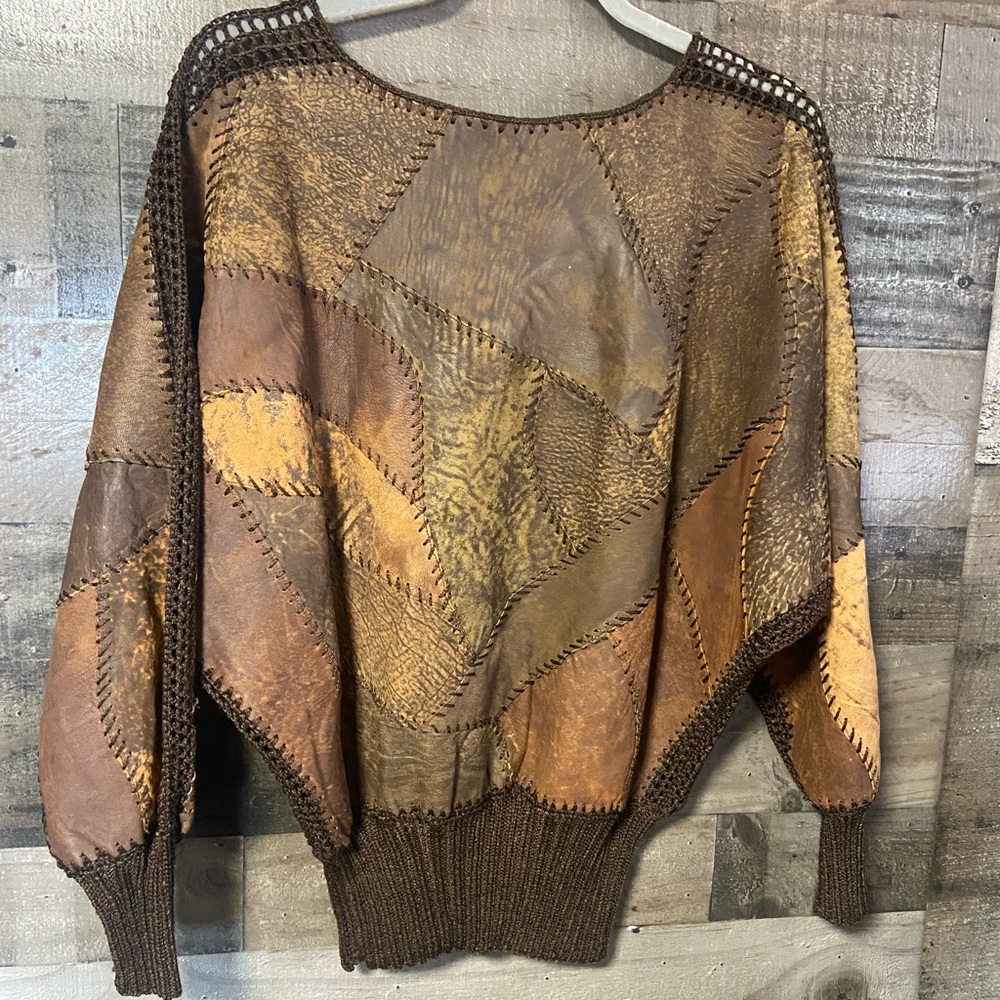Vintage handmade Patchwork Brown & Tan Knit Ladies small Pullover Sweater - Picture 2 of 7